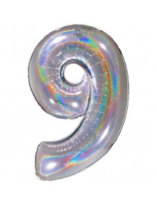 Balão Número 9 Prateado Holográfico